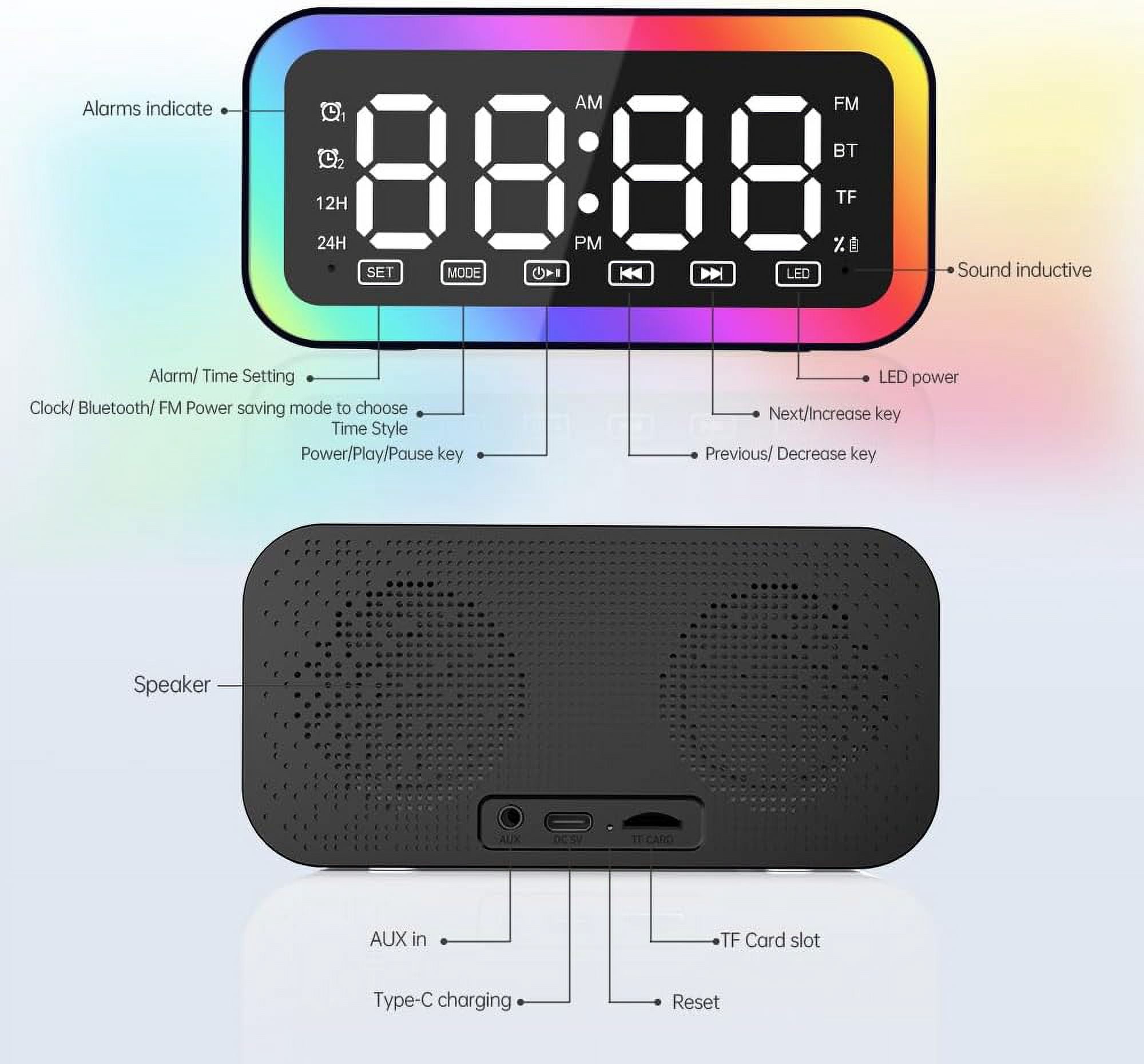 Alarm Clock with Bluetooth Speaker for Heavy Sleepers, Radio Digital Clock for Bedroom, Colorful LED Lights, USB Charger, LED Display Digital Alarm Clock for Christmas Teens Girls Boys (Black)