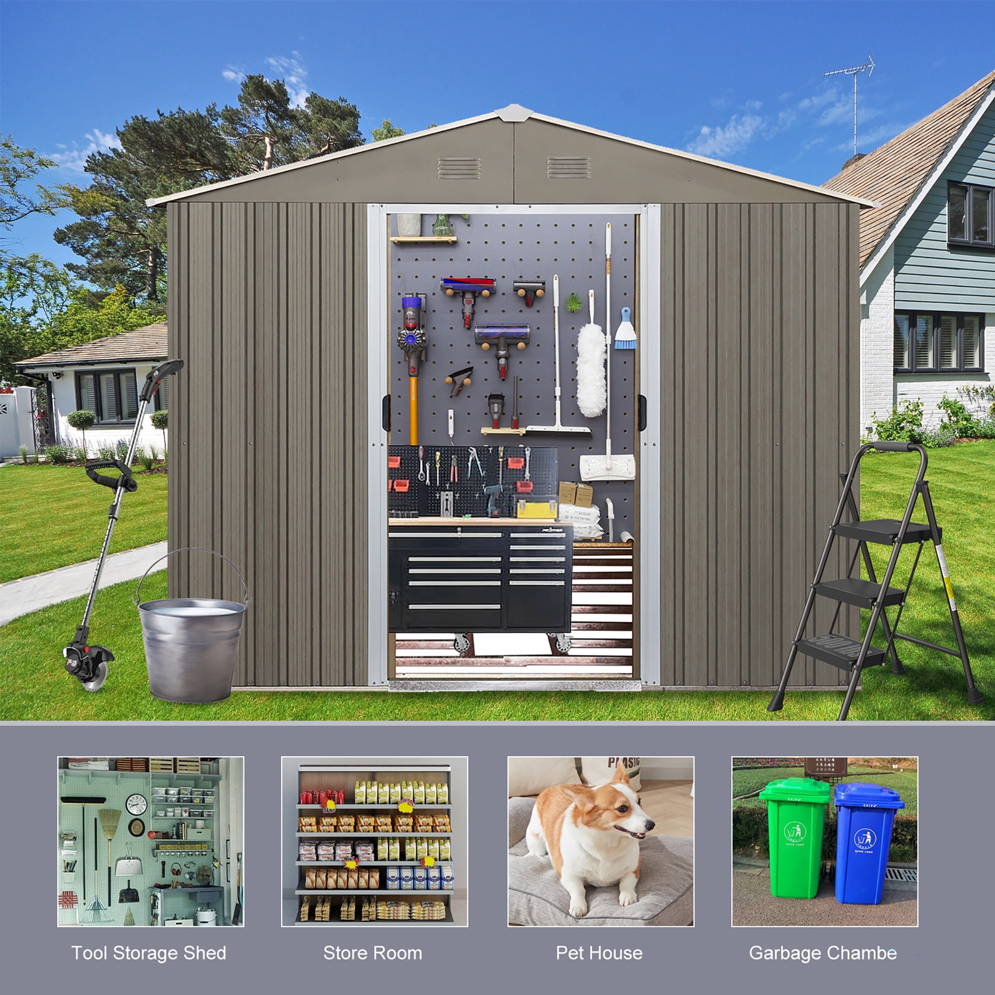 Aimee Lii 88" x 114" Outdoor Metal Storage Shed, Utility Tool Shed Storage House, Metal Sheds for Backyard Garden Patio Lawn, Gray Aimee Lii 88" x 114" Outdoor Metal Storage Shed, Utility Tool Shed Storage House, Metal Sheds for Backyard Garden Patio Lawn, Gray