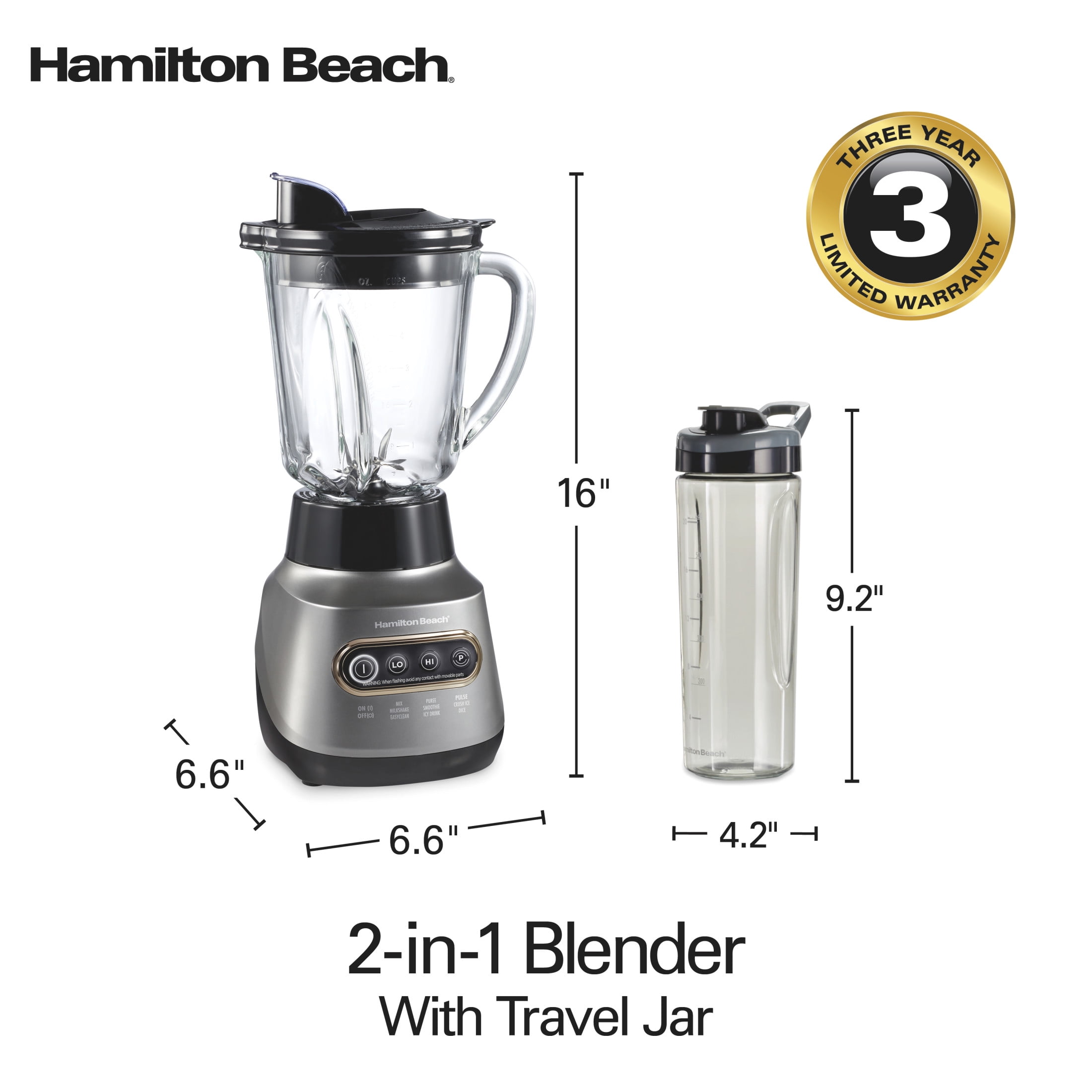 Hamilton Beach Wave Crusher Smoothie Blender for Kitchen, 40 oz Jar for Smoothies and Shakes with 20 oz Travel Jar, Gray