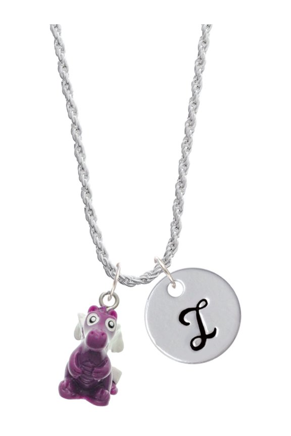Resin Purple Dragon Darling Silvertone Script Initial Disc - I - Charm Necklace, 20"+3"