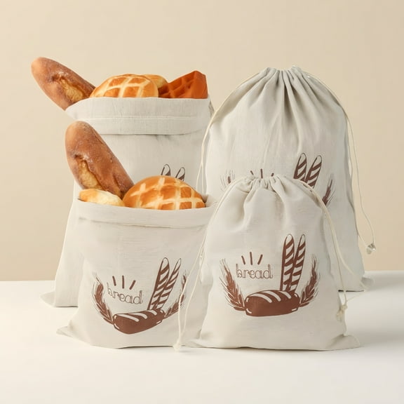 4-Pack Organic Linen Bread & Storage Bags with Drawstring Closure - 9.8"x11.8" & 11.8"x14.9" Eco-Friendly Reusable Bags for Freshness Preservation of Breads, Fruits, Vegetables