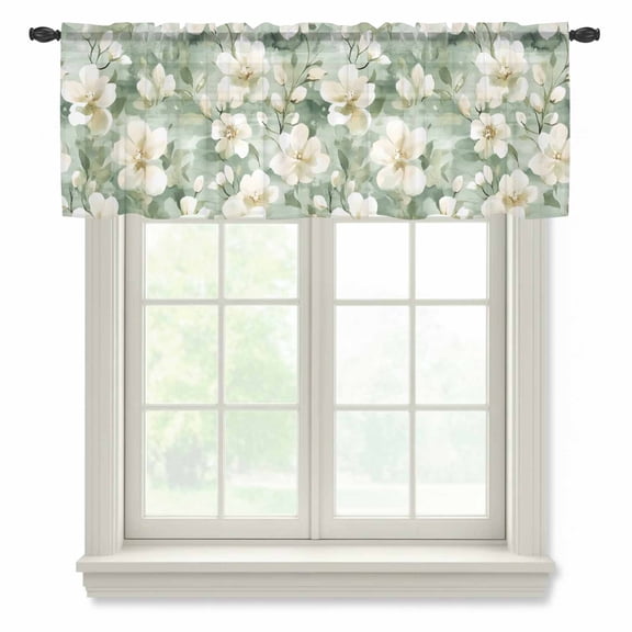 Sage Green Spring Floral Valance Curtains for Kitchen/Living Room/Bathroom/Bedroom Window, Rod Pocket Small Topper Half Short Window Curtains Voile Sheer Scarf, Summer Botanical Farmhouse 54"x18"