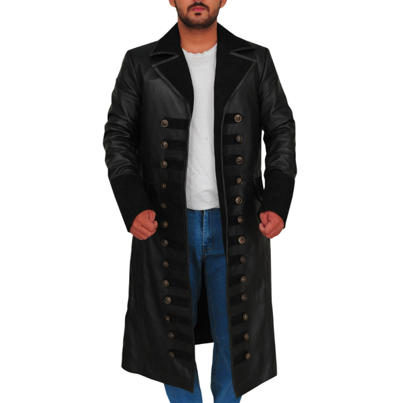 Long Leather Jacket Pirate Jacket For Men Leather Coat Jacket Pirate Captain Coat Men Long Black Coat Mens Leather Coats And Jackets For Men size XXL