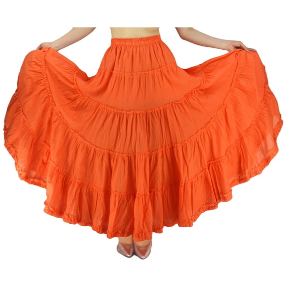YSJERA Jupe Longue Plissée en Coton à 5 Niveaux pour Femmes Jupe Longue Boho Gypsy Danse (Taille Unique, Orange)