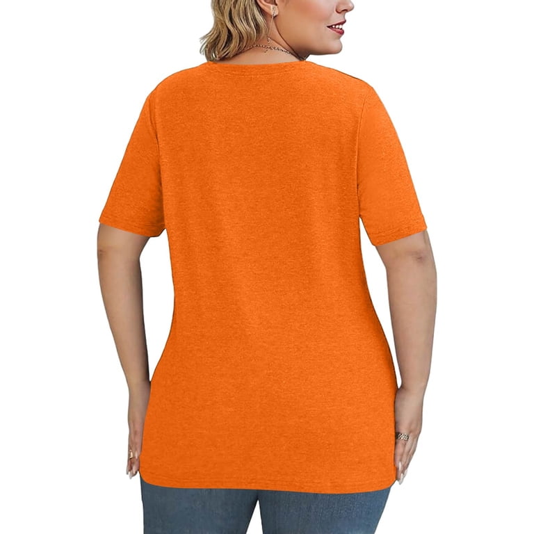 CARCOS Women's Plus Size Summer Top - 3X Color Block Button-Up Short Sleeve Tee, Orange & Pink V-Neck