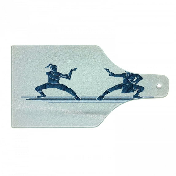 Kung Fu Cutting Board, Hatched Grunge Sketchy Silhouette Design Warriors Against Each Other, Decorative Tempered Glass Cutting and Serving Board, in 3 Sizes, by Ambesonne