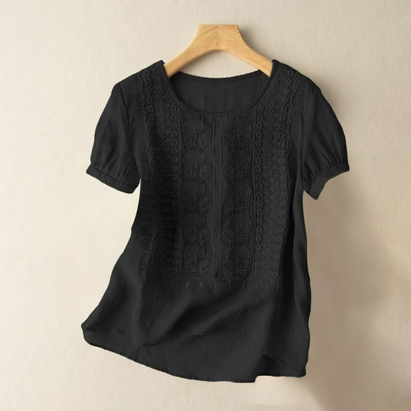 Oversized Tshirts for Women, Fashion Casual Solid Color Pleated Cotton and Linen Tops Shirts, Black XXL