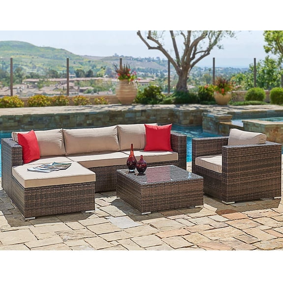 SUNCROWN Outdoor Patio Furniture Sectional Sofa and Chair (6-Piece Set) All-Weather Brown Wicker with Seat Cushion and Modern Glass Coffee Table (Brown Cushion)