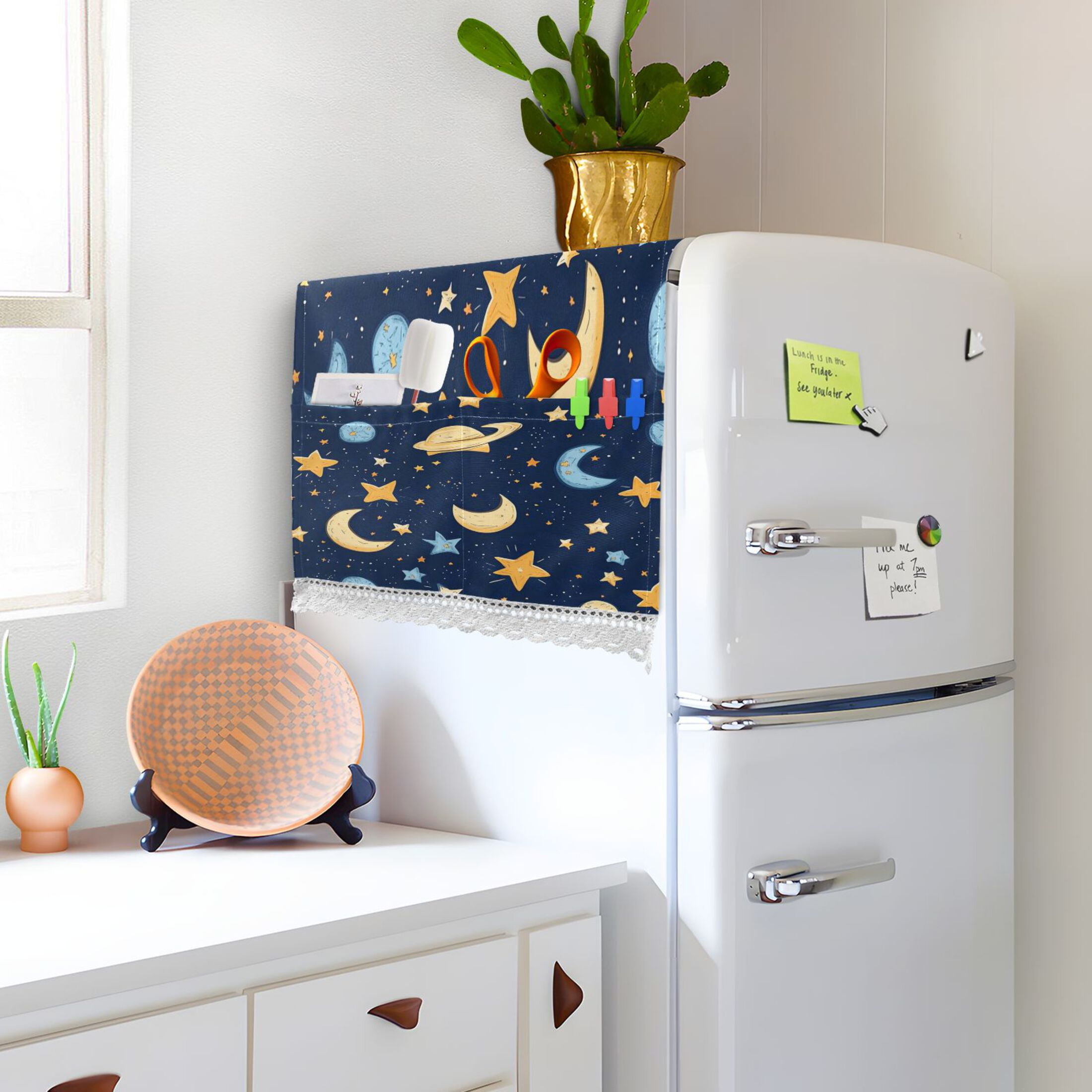 Cartoon Starry SkyWasher and Dryer Covers Dust-Proof and Oil Resistant Fridge Cover with 4 Storage Pockets Washing Machine Top Cover for Laundry Kitchen Home 51.2 x 22 In