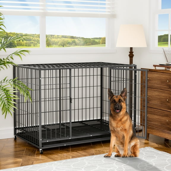 YOKWOK 48 Inch Heavy Duty Wire Dog Crate for Large Dogs, Indestructible Metal High Anxiety Escape Proof Cage with Wheels & Removable Tray, Double-Door Design, XL Dog Kennel for Indoor