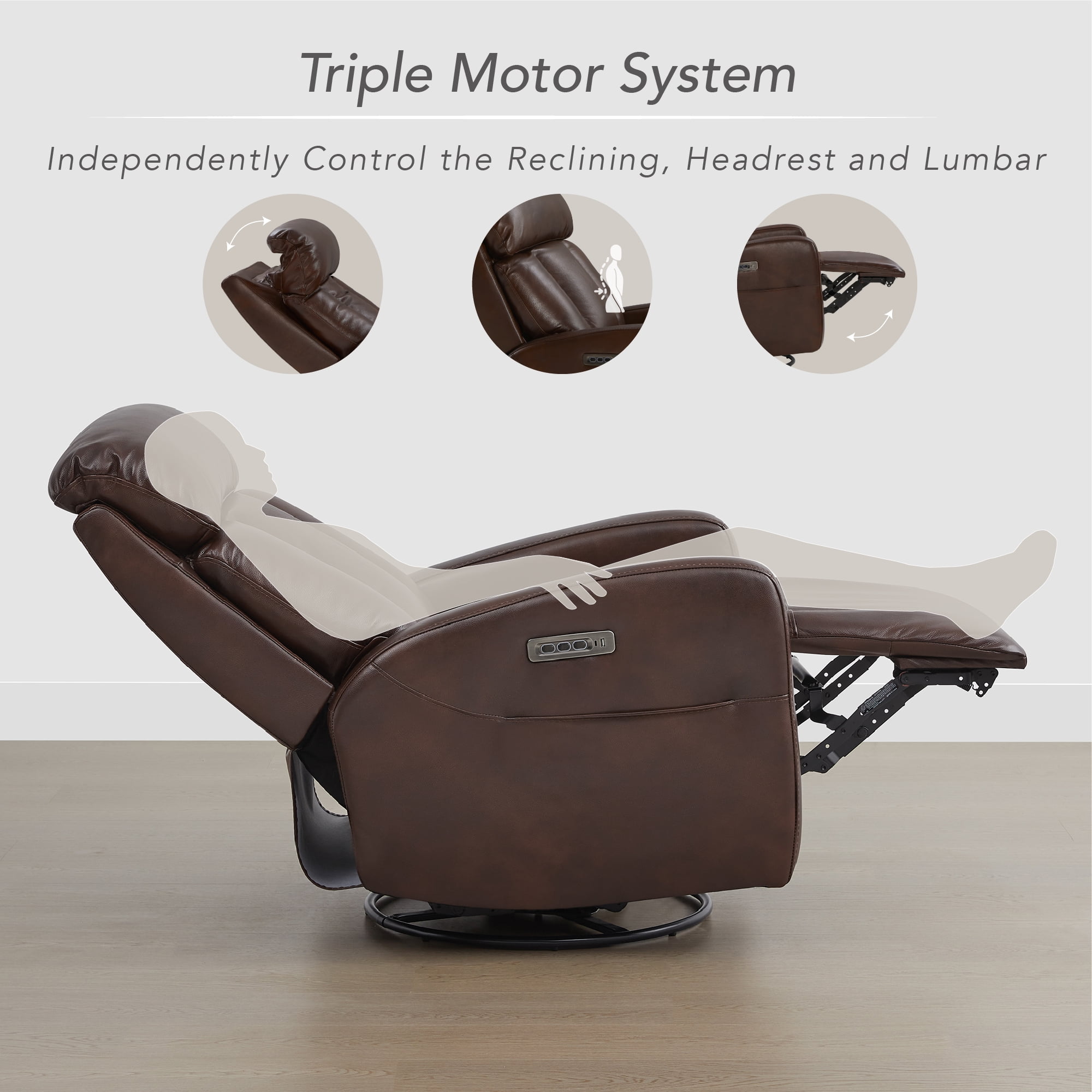 Spruce & Spring Triple Motor Leather Power Recliner with Adjustable Lumbar Support, Cognac