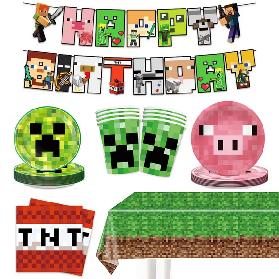 Pixel Miner Birthday Party Supplies Tableware set,Serve 20 Guests