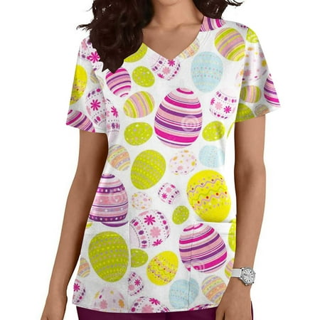

Ozmmyan Womens Tops Easter Day Scrubs for Women Fashion Short Sleeve V-Neck Tops Working Uniform Easter Printing With Pocket Blouse Tops