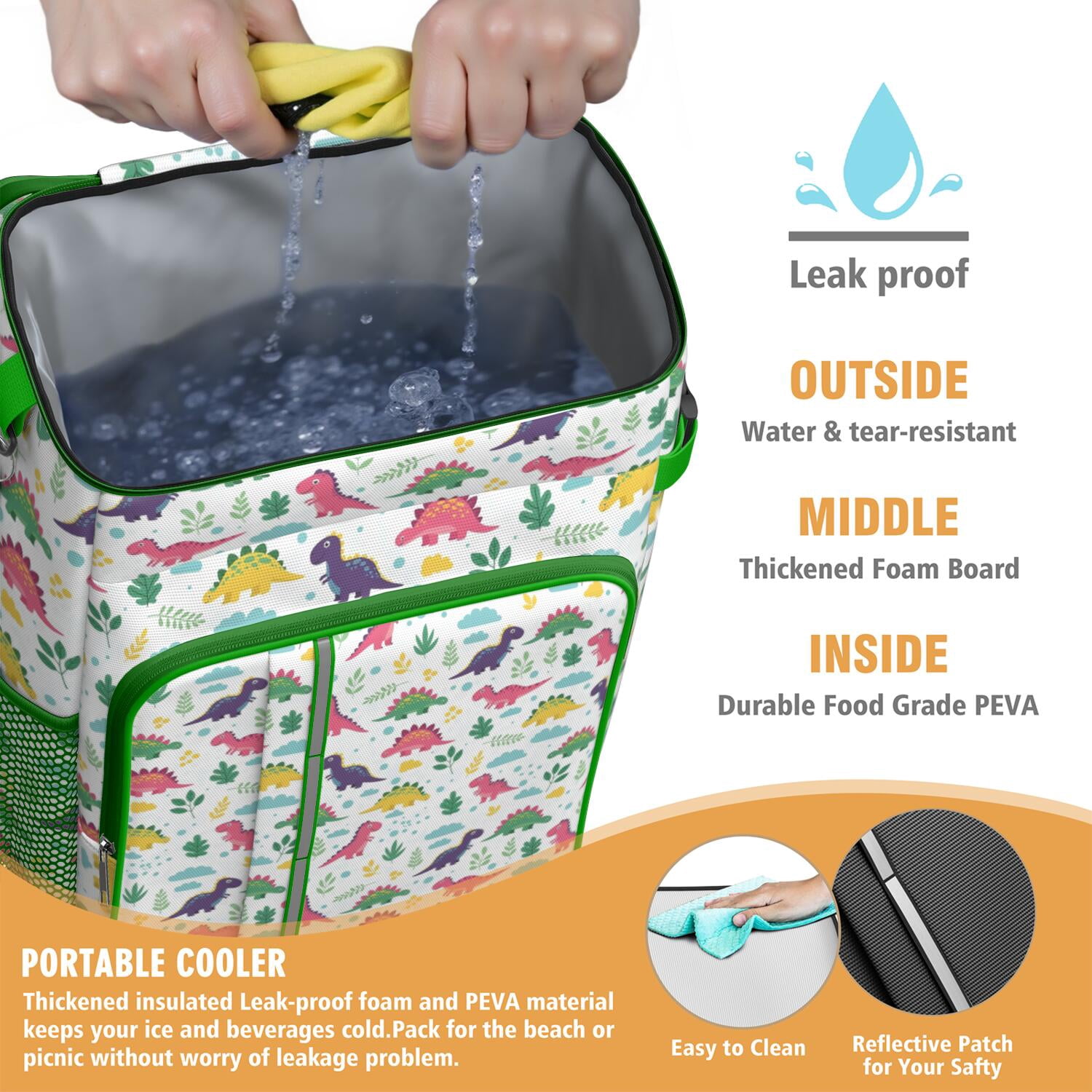 Travel Cooler Bag - White Cute Dinosaurs Pattern Camping Beer Cooler Backpack with Bottle Opener- Waterproof Insulated Picnic Backpacks - Cooler Bag for Beach