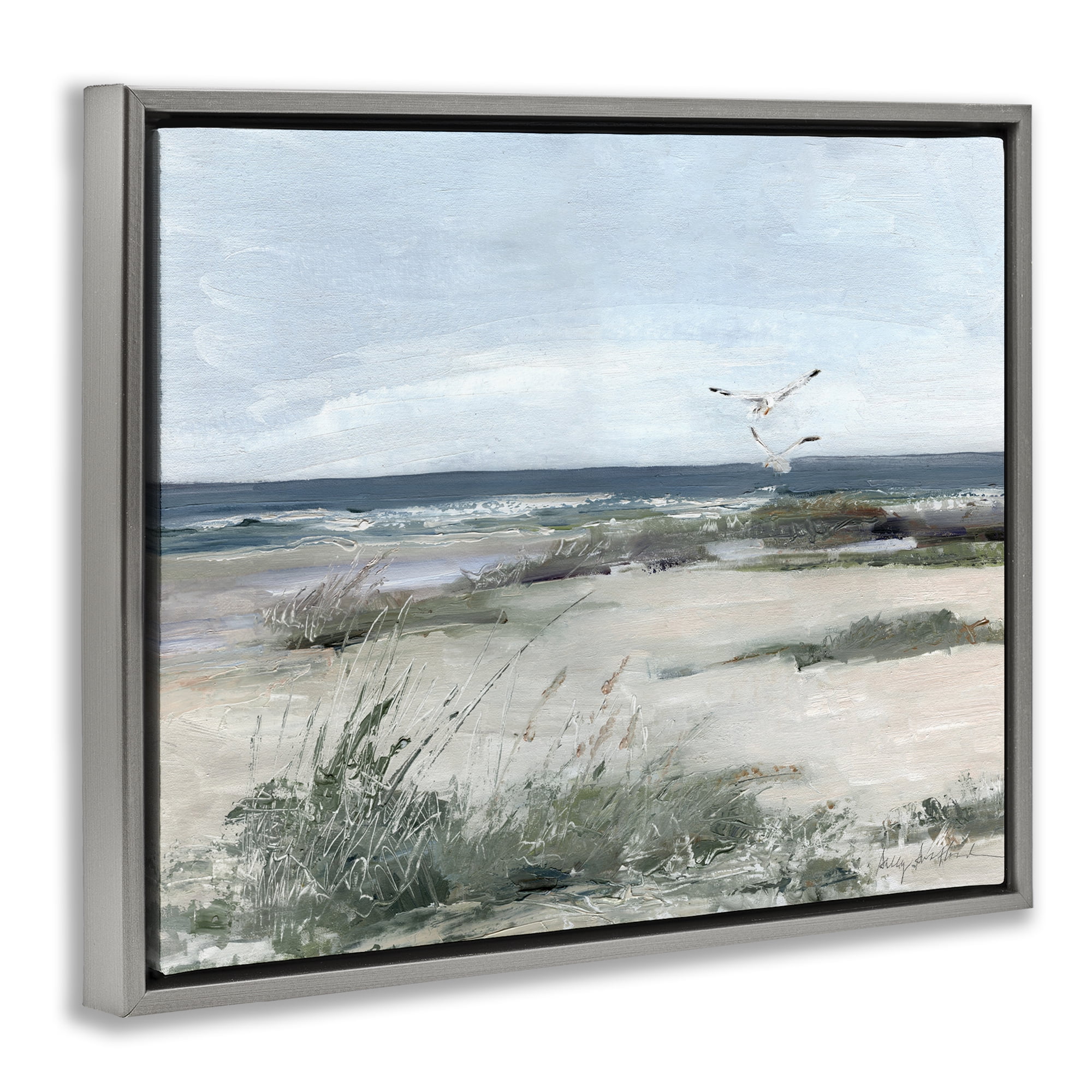 Stupell Industries Seagull Pair over Waves Gray Framed Floater Canvas Wall Art, design by Sally Swatland