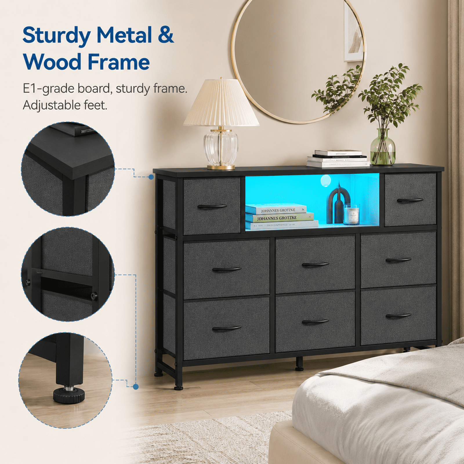 Alvantor Dresser TV Stand for 45, 50, 55 inch TV, Entertainment Center with LED Lights & Charging Station, Chest of Drawers with 8 Fabric Drawers and Open Shelves for Living Room, Hallway, Wood Top