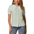 thumbnail image 1 of Blusa de mujer con cuello Peter Pan en contraste, manga corta abullonada, camisa de cuadros, talla L, verde guisante, 1 of 6