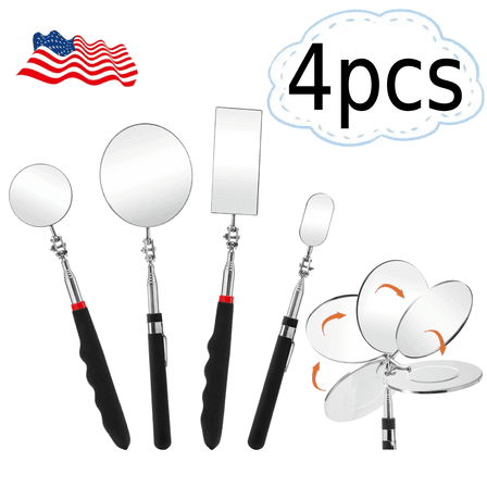 4 Pack Telescoping Inspection Mirror Set, Flexible Round & Rectangular Automotive Mirror Tool with 360° Swivel and 25 Inch Extension