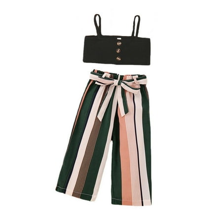

Mikilon Girl s 2 Piece Outfit Tie Knot Tank Tops and Striped Paperbag Waist Long Pants Set for 18-24 Months Kids