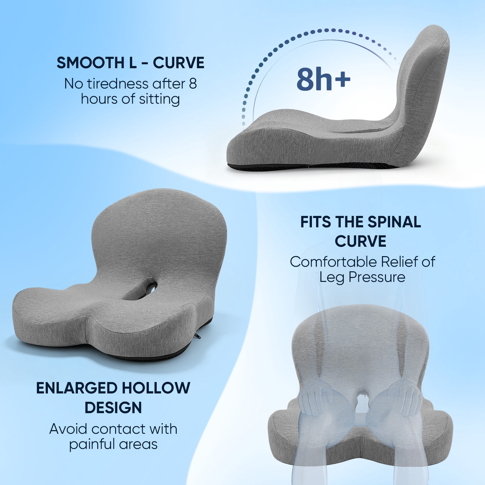 AMTPM Seat Cushion with Lumbar Support - L-Shaped Ergonomic Memory Foam Office Chair Cushion for Long Hours, Car Seat & Home Office (Light Gray)