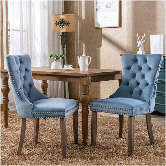 Tufted Velvet Dining Chairs Set of 2, Modern Upholstered Accent Chair with Nailhead Trim and Solid Rubberwood Legs for Kitchen Living Room, Light Blue