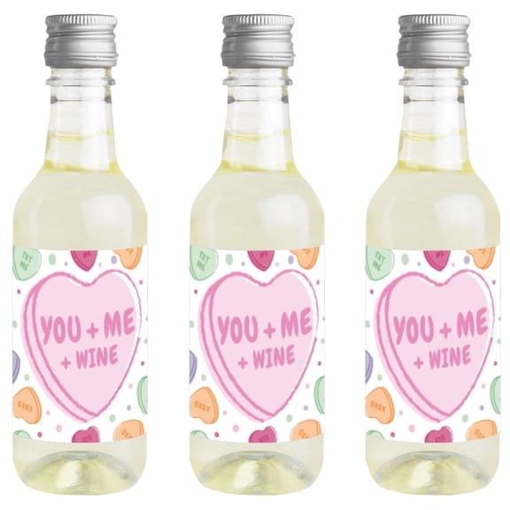Big Dot of Happiness Valentine Hearts Mini Wine and Champagne Bottle Label Stickers, Pastel Galentine's & Valentine's Day Party Favor Gift for Women and Men - Set of 16