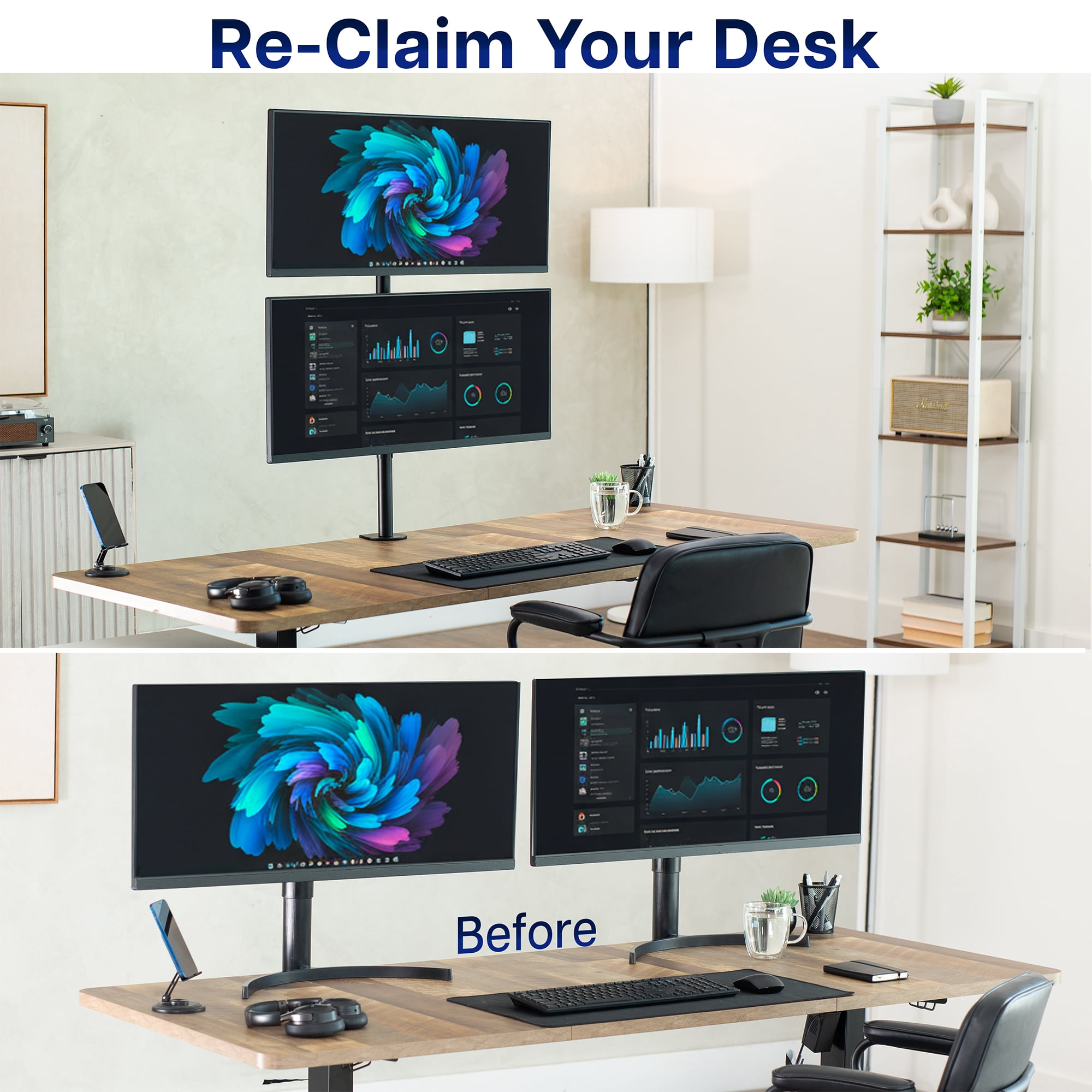 Black Dual LCD Monitor Desk Mount Stand, Stacked Vertical 2 Screens up to 34"