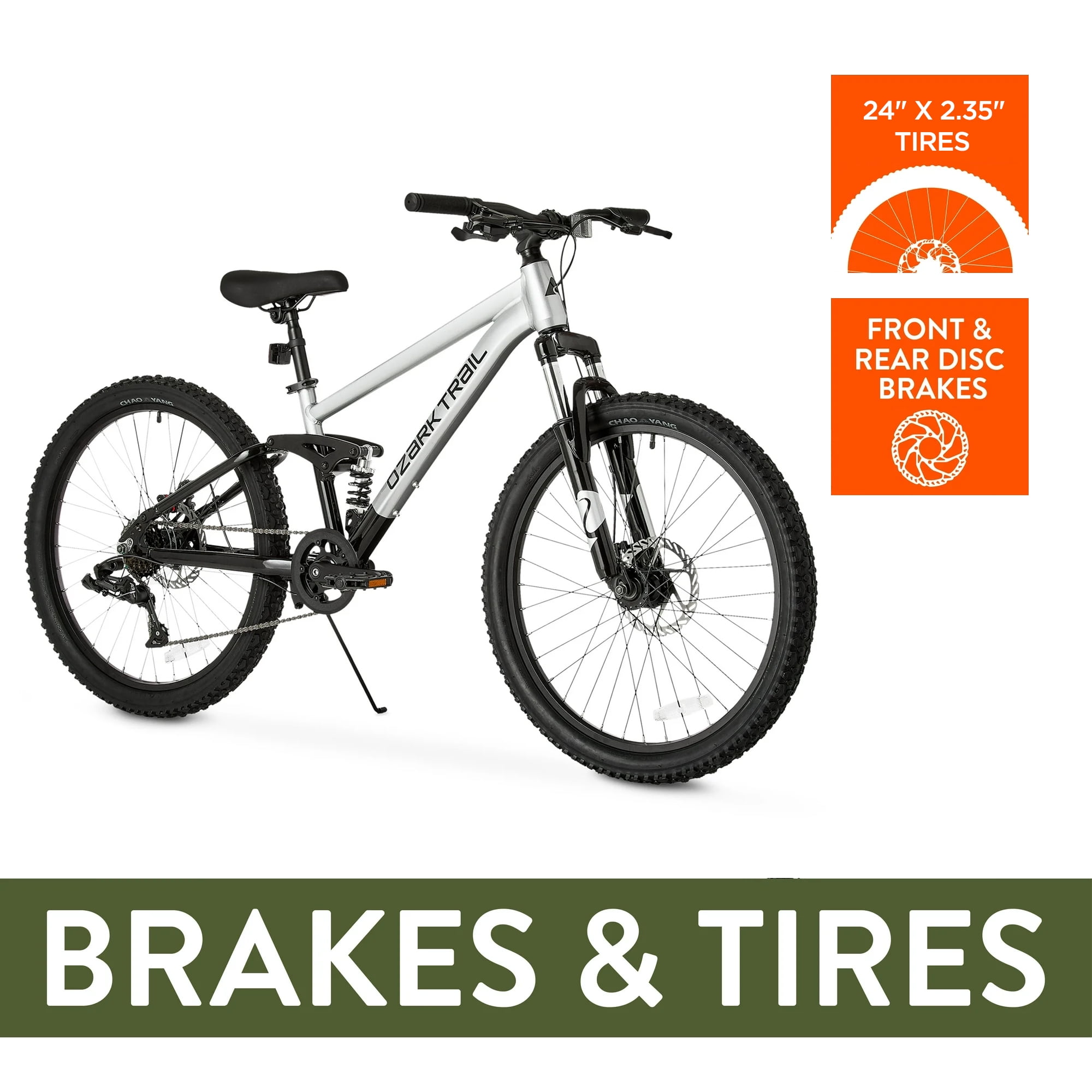 Ozark Trail 24" FS.1 Epictrail Full Suspension Mountain Bike, Fits Riders 4'6" - 5'6", Silver, Teens and Adults, Unisex