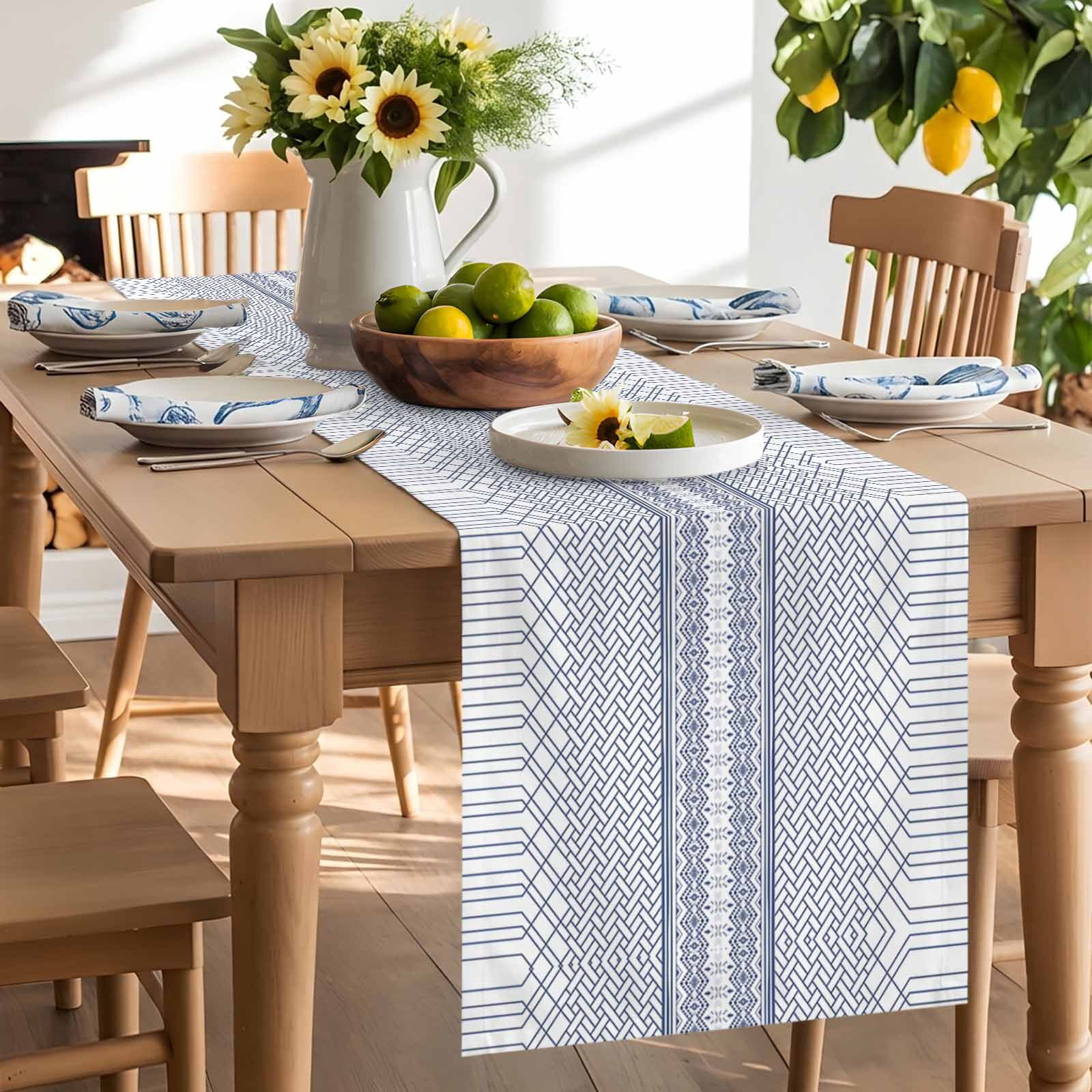 Modern Geometric Stripe Art Table Runner 90 Inches Long, Minimalist Blue Ombre on White Table Runners Tabletop Scarf Kitchen Dining Tables Decoration for Home Party Indoor Outdoor