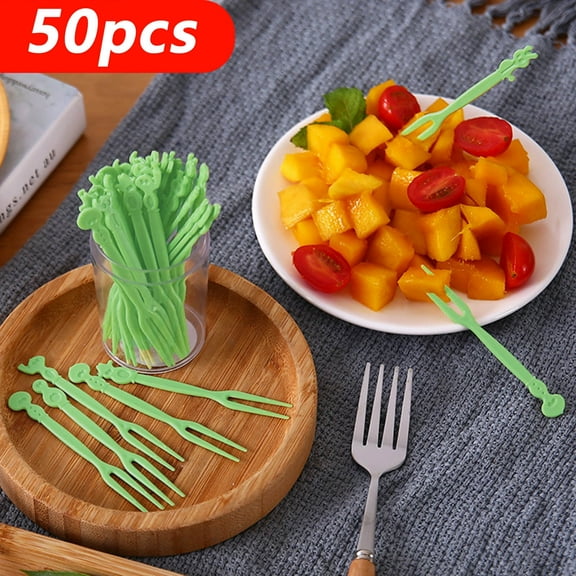 LACKUST Disposable Party Supplies Dinnerware Set for Birthday Wedding,Disposable Fruit Fork Box - 50 Plastic Dessert Forks, Two Tooth Cake Forks