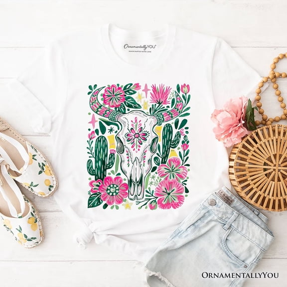 Western Floral Cow Skull T-Shirt, Boho Cowgirl Wildflower Cactus Tee