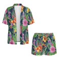 thumbnail image 4 of FKEKYI Tropical Leaf Hibiscus Flower Print Women's Short Set 2 Piece Summer Outfits Open Front Shirt Top & Shorts with Elastic Waist Beachwear Causal Lounge Set Resort Wear, M, 4 of 7
