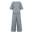 thumbnail image 4 of GILIGEGE Linen Sets for Women 2 Piece Summer Cotton Linen Set for Women Loose Outfits Short Sleeve Top Wide Leg Long Pants Suit Solid Matching Sets Wide Leg Pants Tracksuit Lounge Matching Sets, 4 of 5