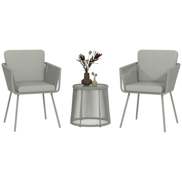 Outsunny 3 Piece Outdoor Bistro Set, Wicker Patio Furniture, Light Grey
