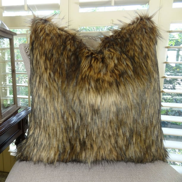 Thomas Collection Light & Dark Brown Wolf Luxury Faux Fur Throw Pillow 17406