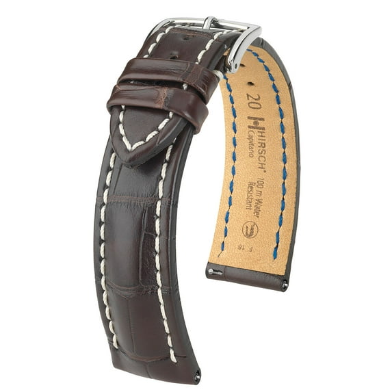 Hirsch Capitano Alligator Watch Strap - Brown - L - 22mm / 18mm - Shiny Silver Buckle - Water Resistant Alligator Leather Band