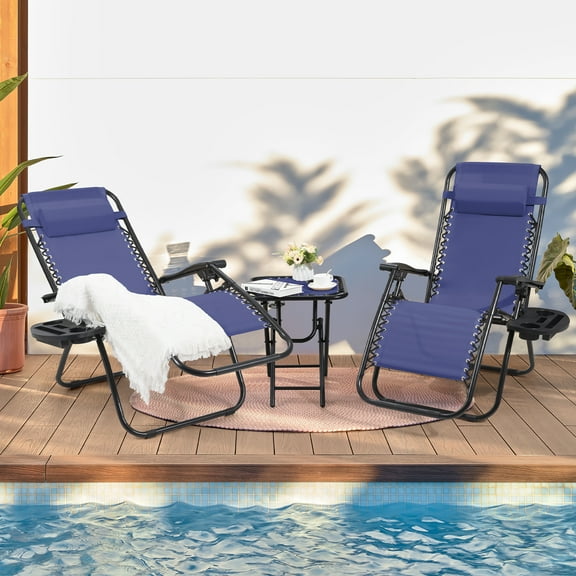 Homall Outdoor Zero Gravity Chair Folding Recline Patio Portable Lounge Chairs Set of 3 with Cupholder and Table, Blue
