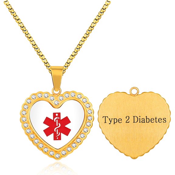 Medical Alert Necklace Heart Pendant Gold Plated Stainless Steel Engraved Jewelry for Women Men