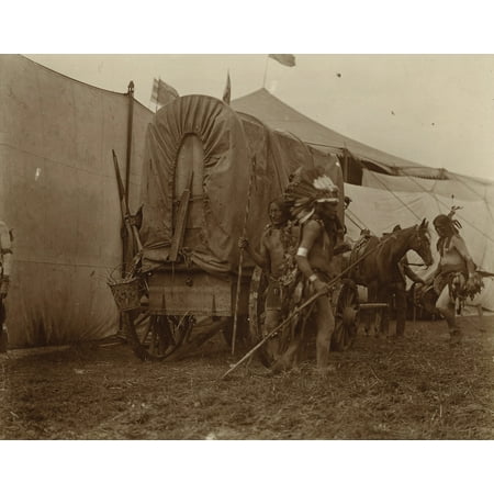 Unknown Buffalo - Backstage With The Wild West Show Indian Performers Backstage At Buffalo Bills Wild West Show Three Unknown Performers Wearing War Paint And Breech Cloths Wait Behind Tall Fabric Screens For Their Mom
