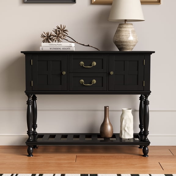 ZOSQUARE 42" Black Console Table with 2 Drawers and Cabinets, Farmhouse Entryway Table with Turned Legs and Bottom Shelf, Vintage Sofa Table for Living Room
