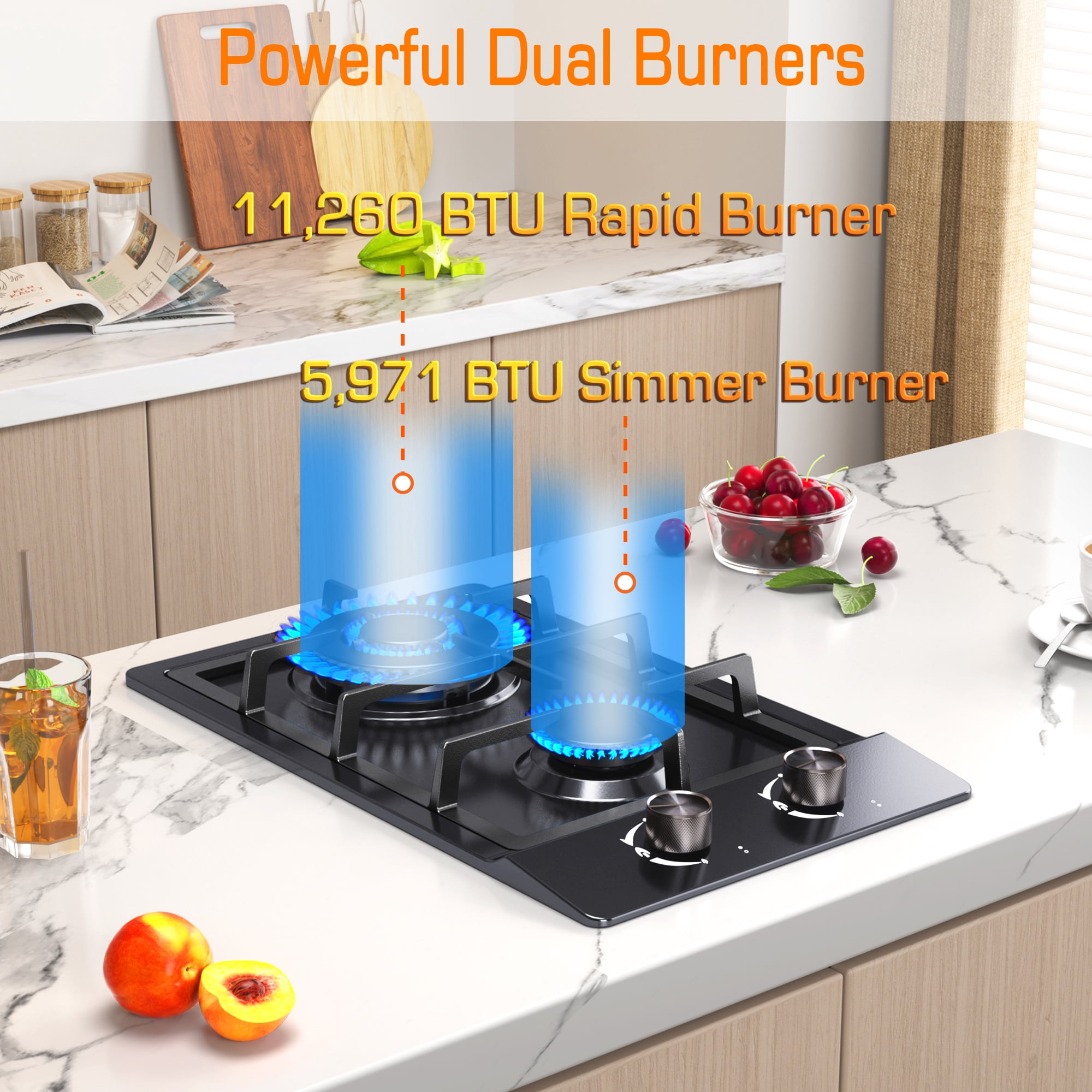 2 Burner Gas Cooktop, 12 Inch Built-in Propane Stove Top, NG/LPG Dual Fuel with Thermocouple Protection, Black Enamel Cooktop for Apartment & RV