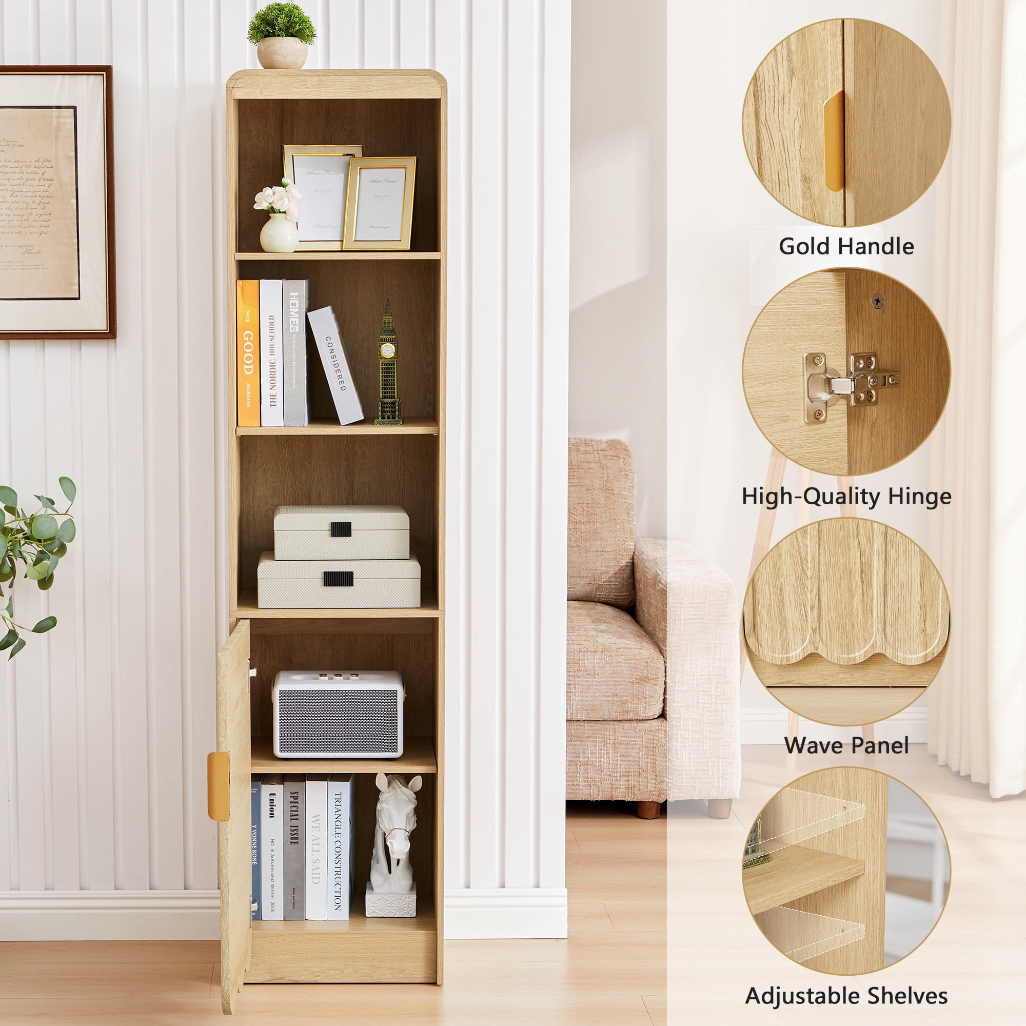 YOCWO 67" Tall Bathroom Storage Cabinet with Adjustable Shelves, 5 Tiers & 1 Door Bathroom Storage Tower with Wave Panel & Mental Handle, Freestanding Narrow Cabinet for Small Spaces, Natural
