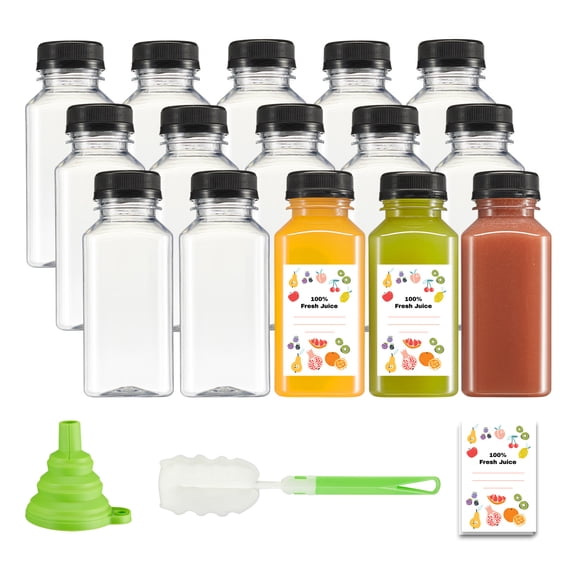 GUSTO Reusable Plastic Juice Bottles with Caps, Labels, Brush, and Silicone Funnel, 8 oz, 15-Pack