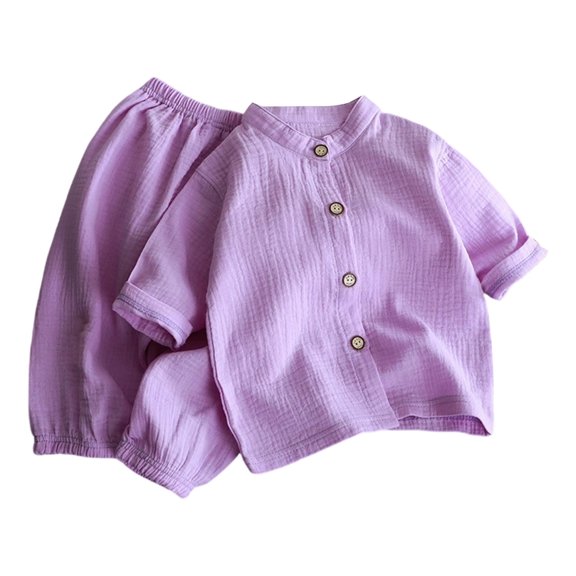 SNKSDGM Toddler 2 Piece Muslin Cotton Outfit, Mandarin Collar Button Short Sleeve Shirt & Loose Shorts, Unisex Baby Summer Loungewear Set Purple 12-18 Months