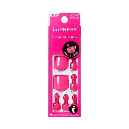 KISS imPRESS Press On Toenails, ‘Bloomi’, Pink, Short Squoval, 24 Count