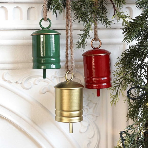 Adornos de doble campana navideños Decoración colgante de hierro | Decoración navideña verde roja dorada • Metal duradero de 4,3 pulgadas | Accesorio llamativo para árboles, regalo único, exposición