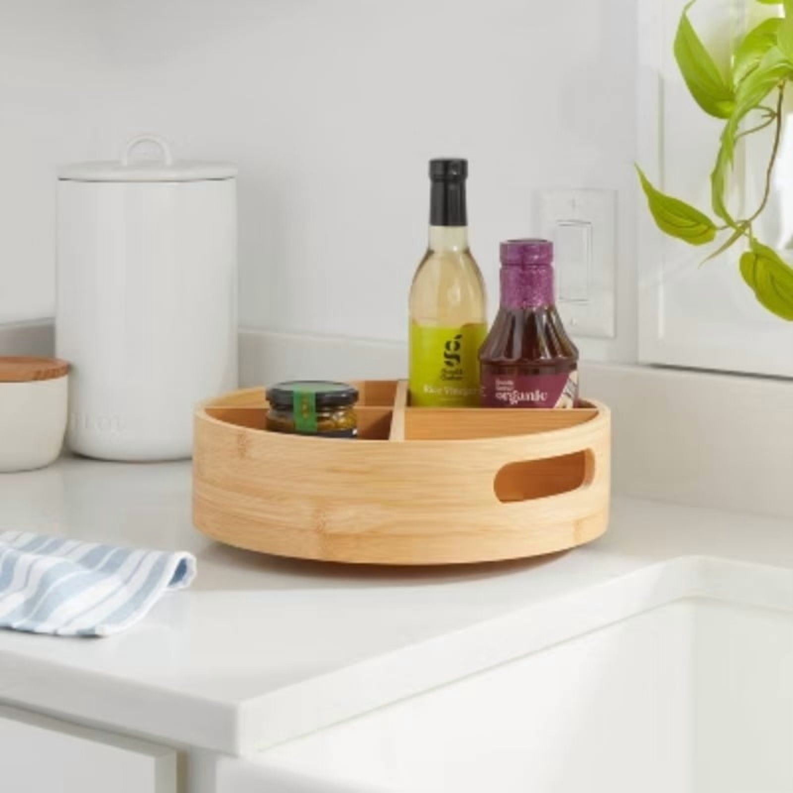 Bamboo 4 Compartment Lazy Susan Turntable with Dividers Light