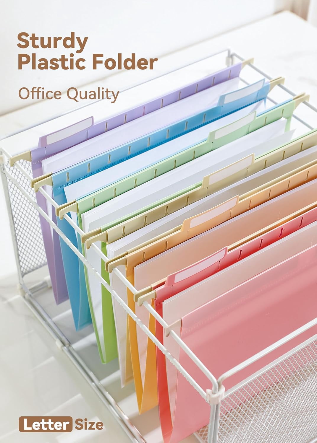 Plastic Hanging File Folders, Sturdy & Tear-Resistant, Letter Size, 12 Pack with Insertable 1/5-Cut Tabs, Pastel Colors