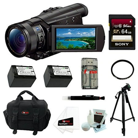 Sony FDR-AX100/B FDRAX100 AX100 4K Ultra HD Camcorder (Black) + Sony 64GB SDXC Memory Card + 67mm UV Protector + Power B