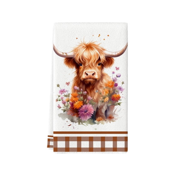 HuiXinOu Highland Cow Floral Absorbent Towel 15.7x23.6in Farmhouse Style Kitchen Dish Towel Bathroom Decor Towel for Housewarming Gift & Daily Use